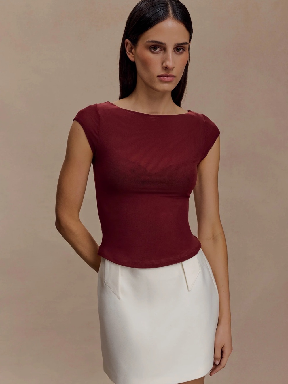 Meshki Mesh Burgundy Cap-Sleeve Stretch Top